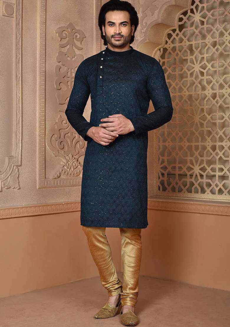 Navy Blue Silk Kurta Set For Men - Indya