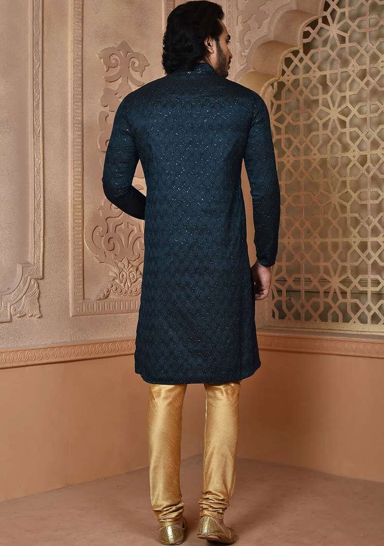Navy Blue Silk Kurta Set For Men - Indya