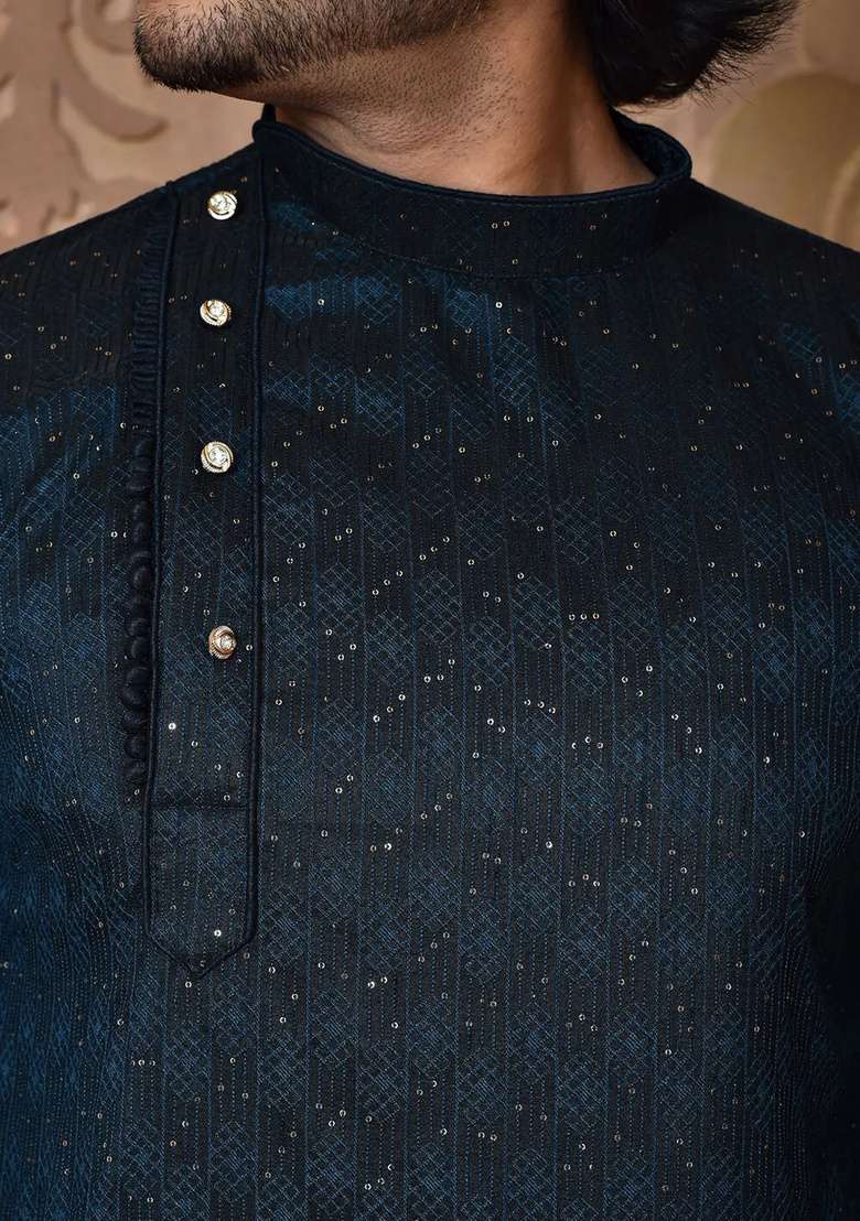 Navy Blue Silk Kurta Set For Men - Indya