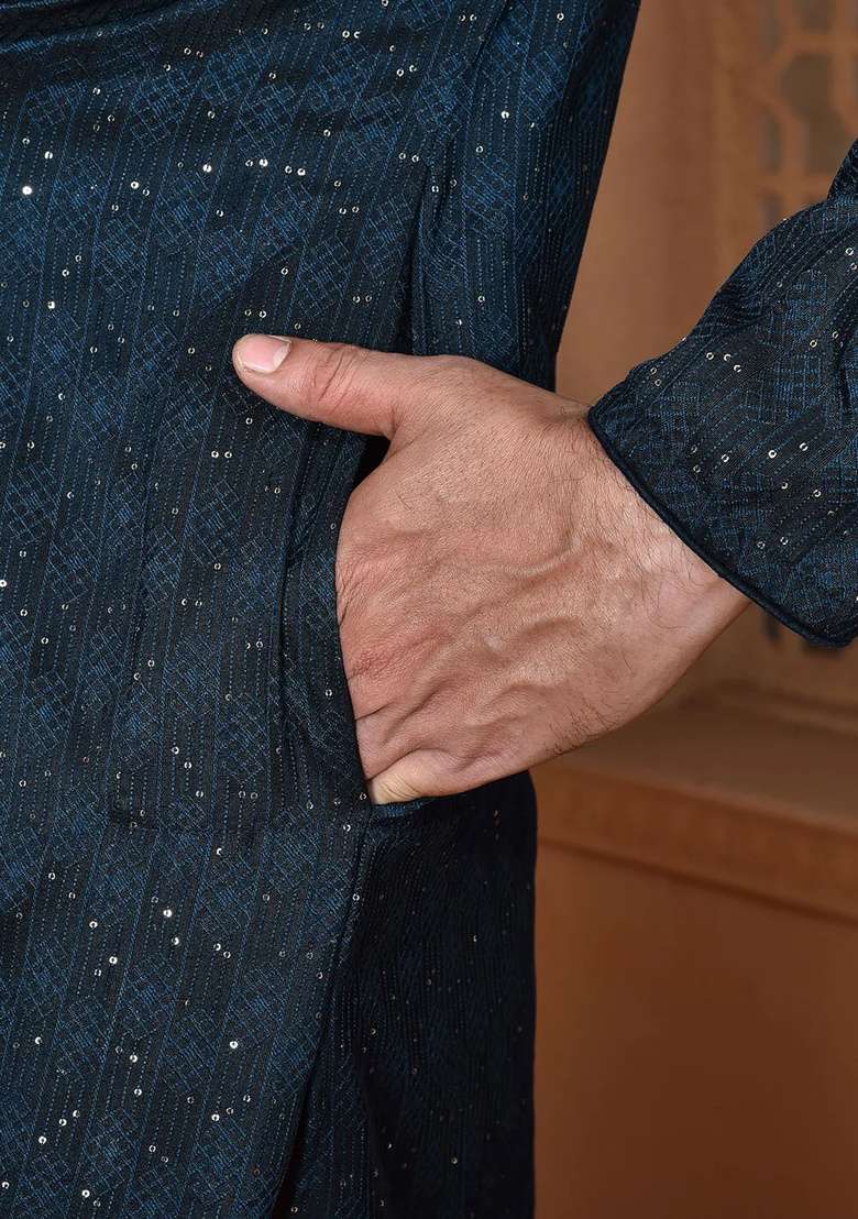 Navy Blue Silk Kurta Set For Men - Indya
