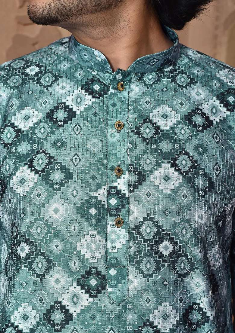 Dark Grey Silk Kurta Set For Men - Indya