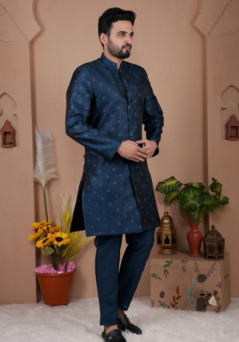 Petrol Blue Thread Work Silk Kurta Set For Men