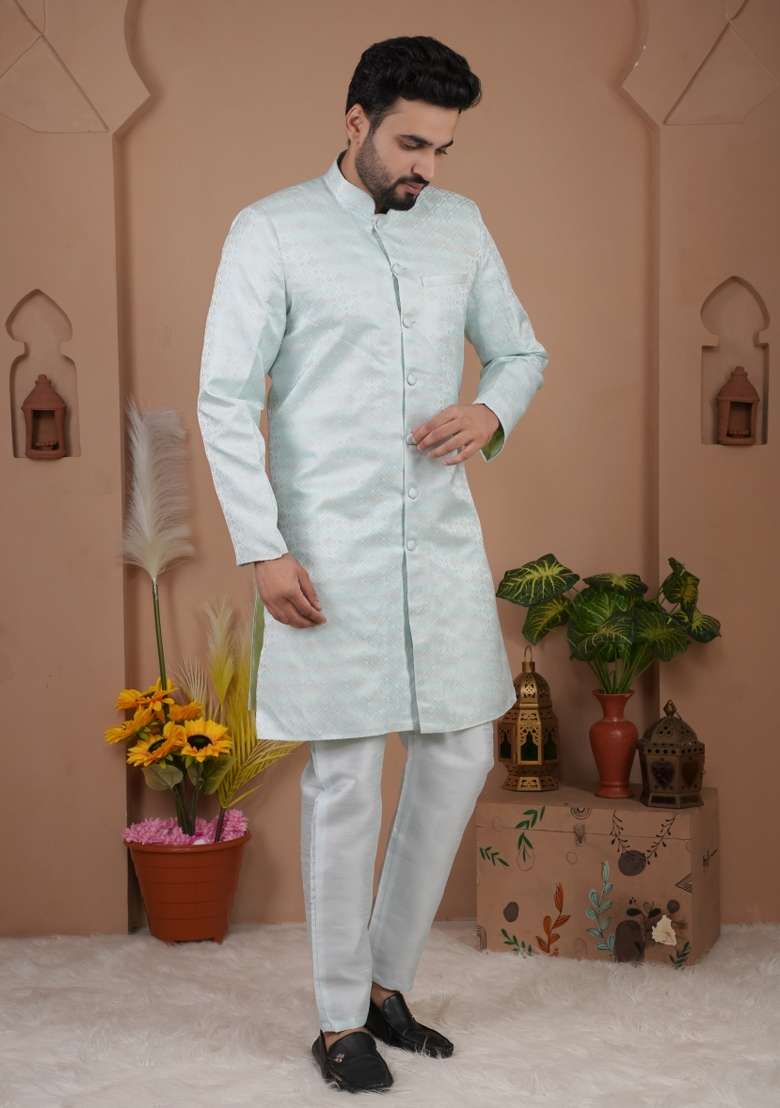 Sky Blue Thread Work Silk Kurta Set For Men - Indya