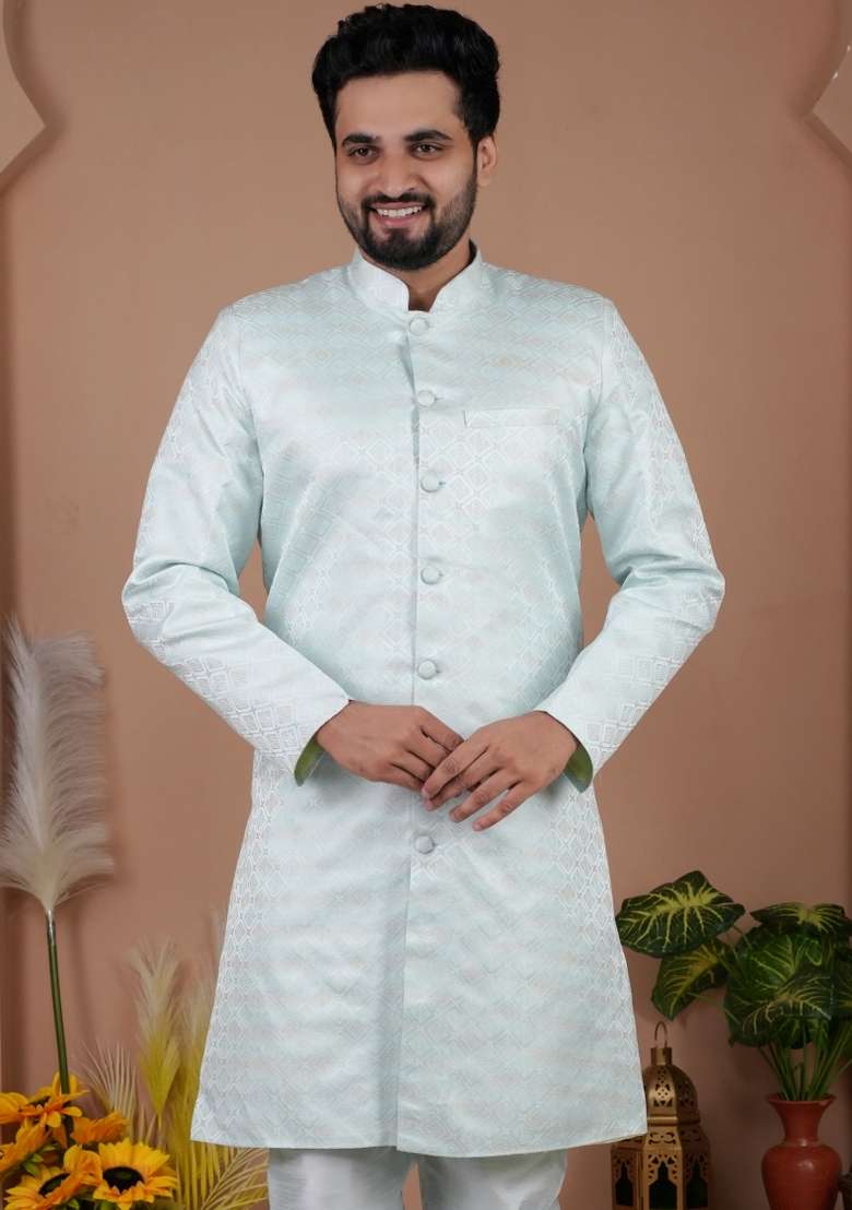 Sky Blue Thread Work Silk Kurta Set For Men - Indya