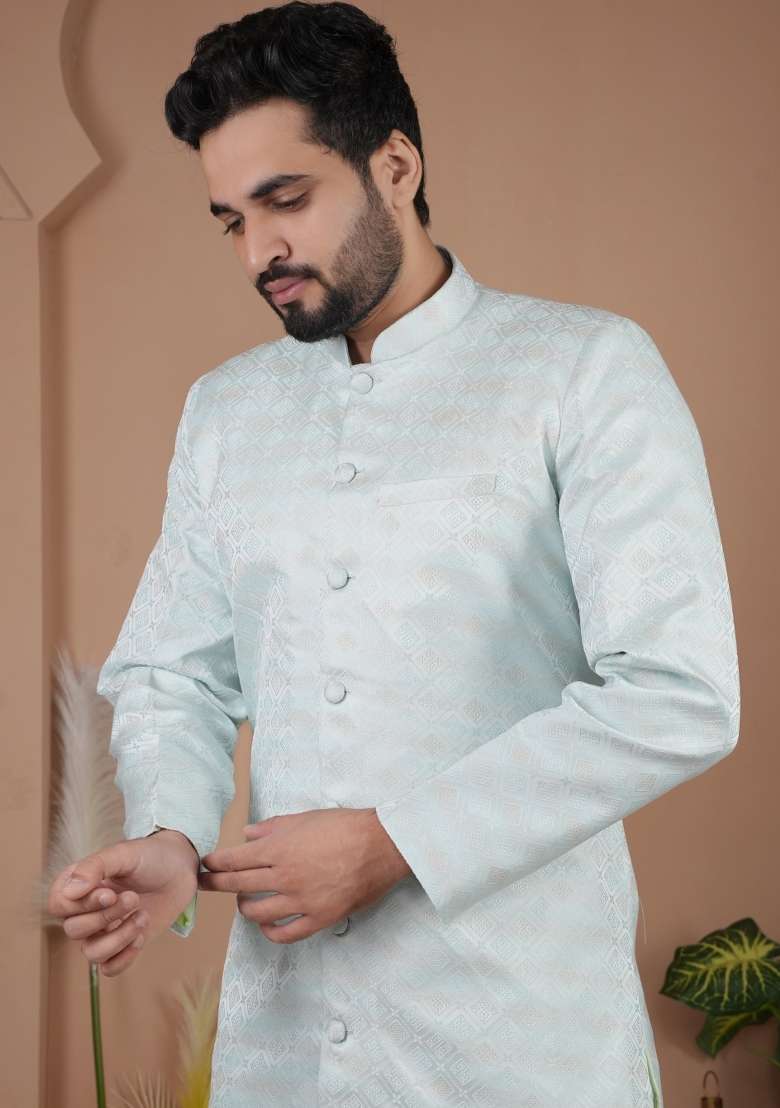 Sky Blue Thread Work Silk Kurta Set For Men - Indya