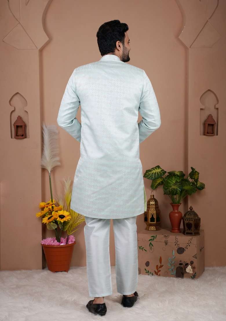 Sky Blue Thread Work Silk Kurta Set For Men - Indya