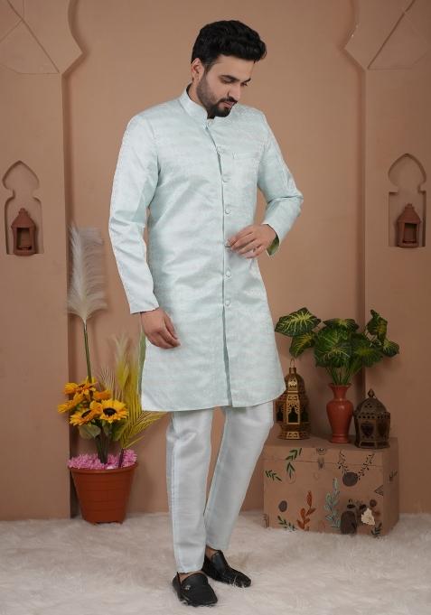 Sky Blue Thread Work Silk Kurta Set For Men