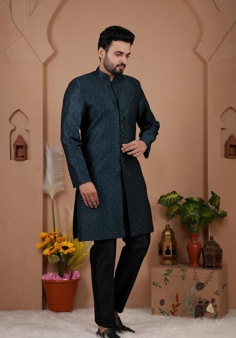 Black Thread Work Silk Kurta Set For Men