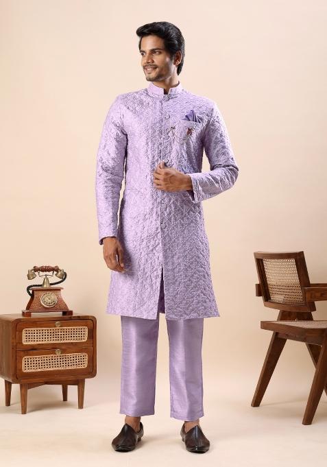 Purple Thread Work Silk Kurta Set For Men