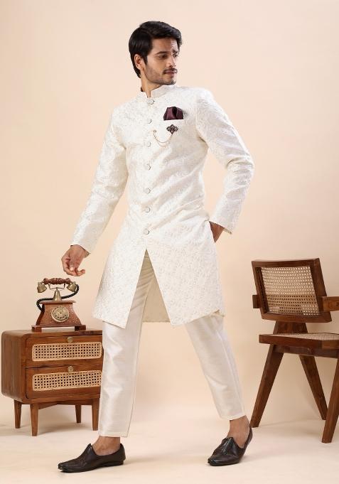 White Thread Work Silk Kurta Set For Men