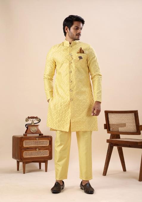 Yellow Thread Work Silk Kurta Set For Men