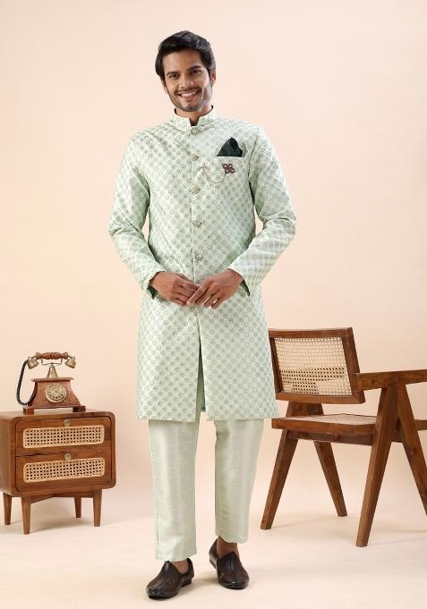 Pista Thread Work Silk Kurta Set For Men