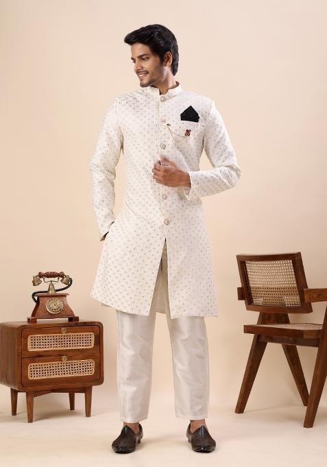 White Thread Work Silk Kurta Set For Men