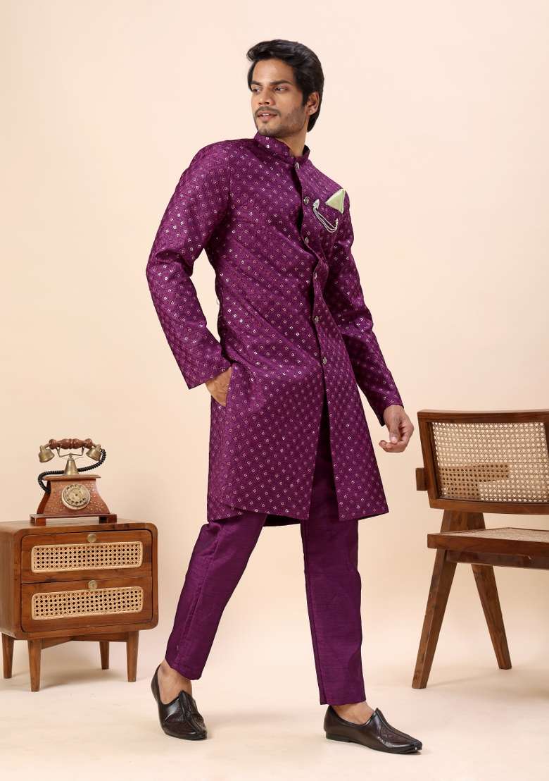 Wine Thread Work Silk Kurta Set For Men - Indya