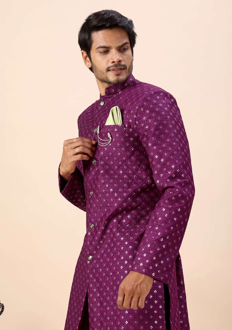 Wine Thread Work Silk Kurta Set For Men - Indya