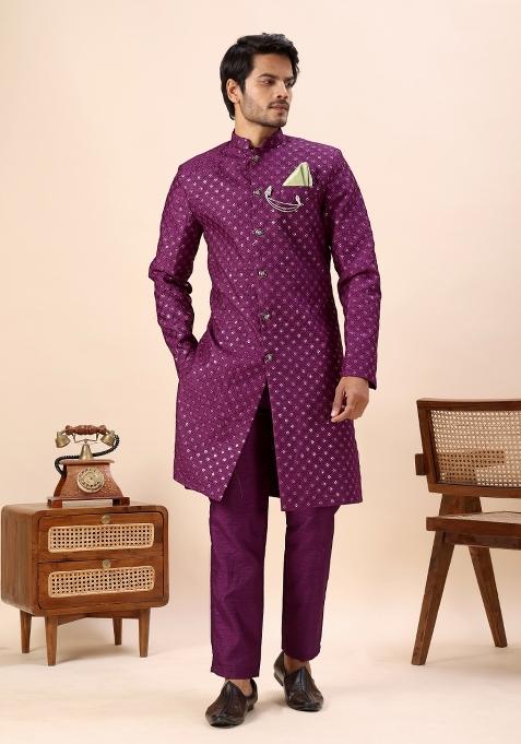 Wine Thread Work Silk Kurta Set For Men