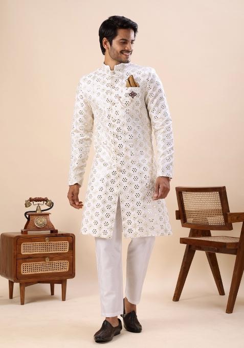 Cream Thread Work Silk Kurta Set For Men