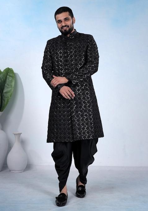 Black Sequin Work Silk Kurta Set For Men