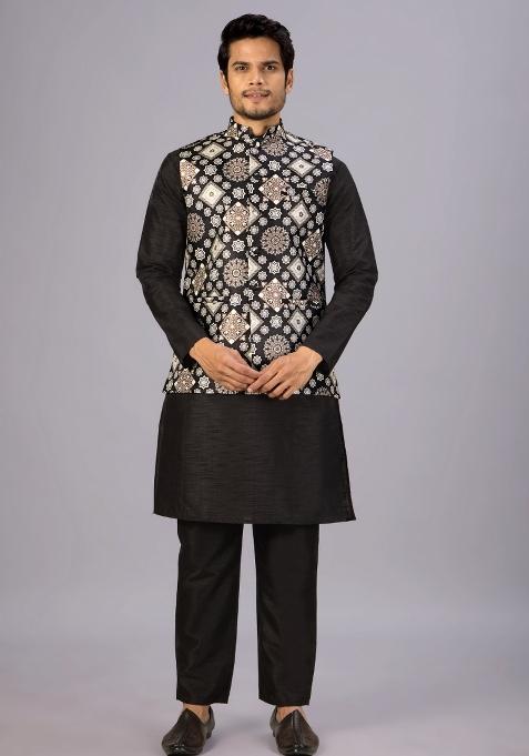 Black Printed Silk Kurta Set For Men