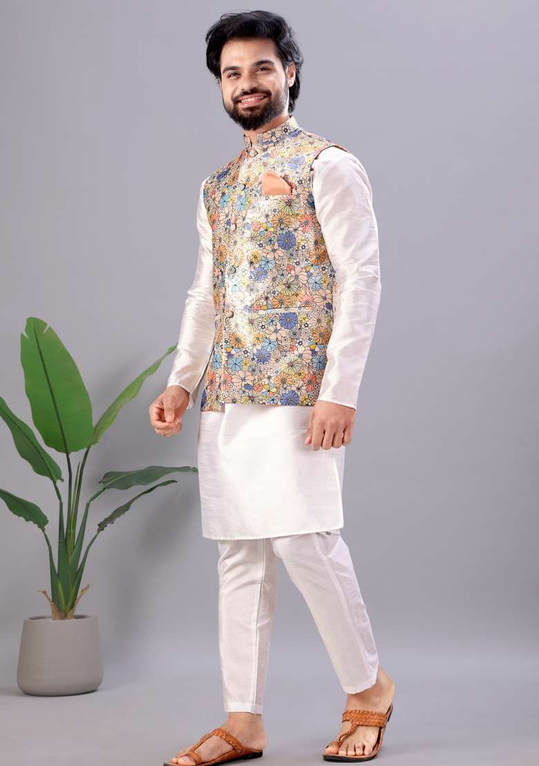 Multicolor Printed Silk Kurta Set For Men - Indya