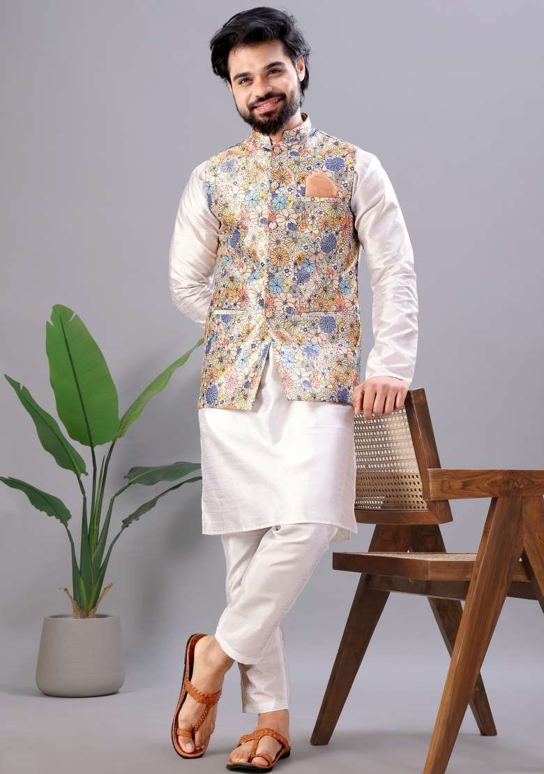 Multicolor Printed Silk Kurta Set For Men - Indya