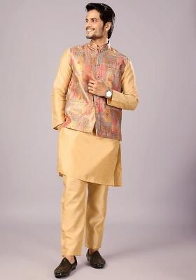 Multicolor Printed Silk Kurta Set For Men