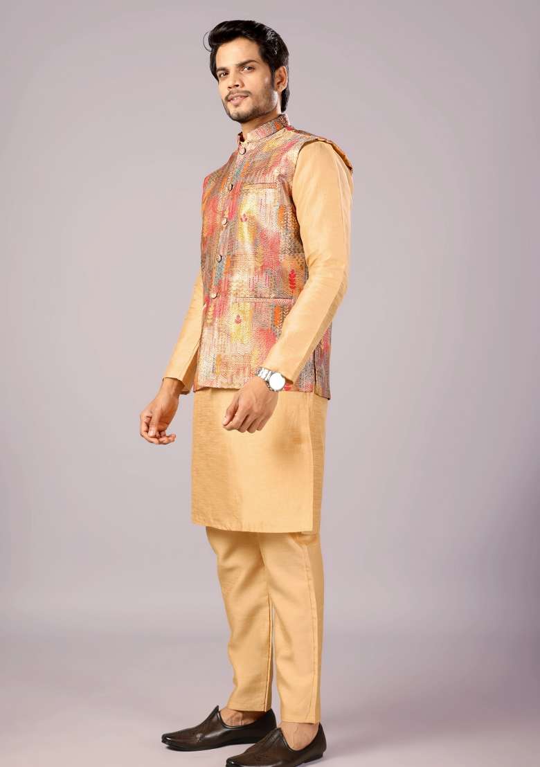 Multicolor Printed Silk Kurta Set For Men - Indya