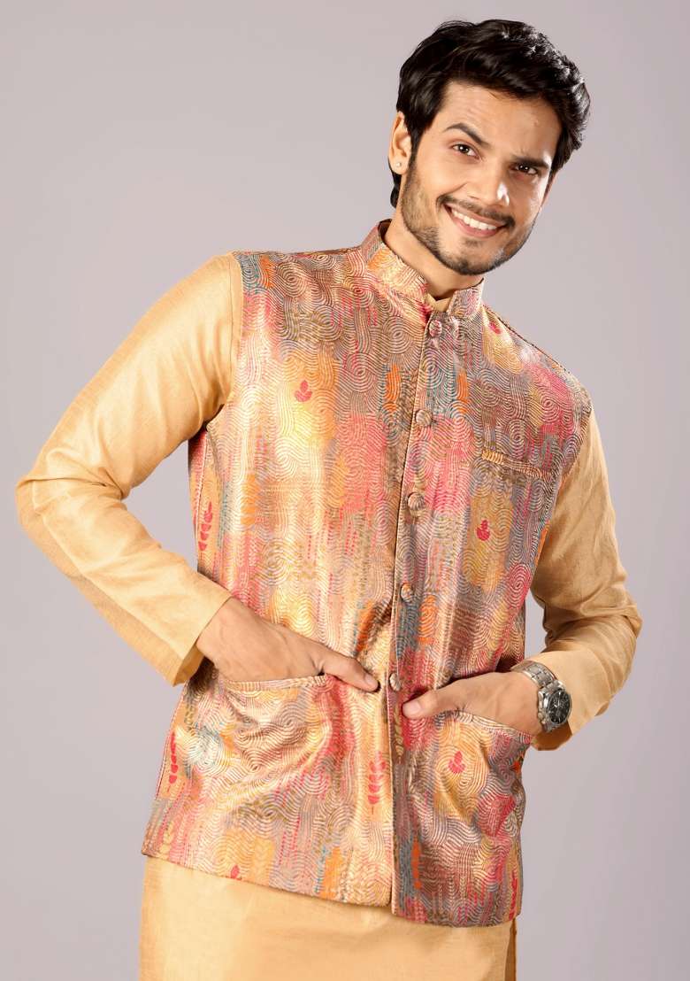 Multicolor Printed Silk Kurta Set For Men - Indya