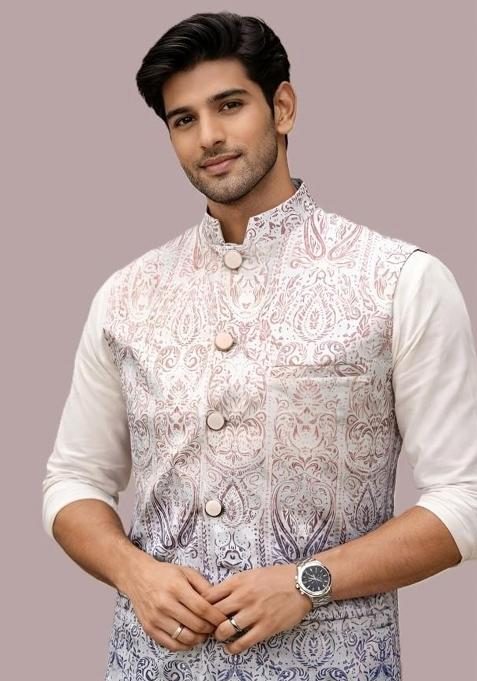White Jacquard Silk Waistcoat For Men