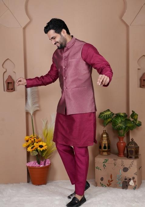 Red Jacquard Silk Waistcoat For Men