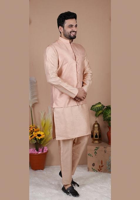 Rose Gold Jacquard Silk Waistcoat For Men