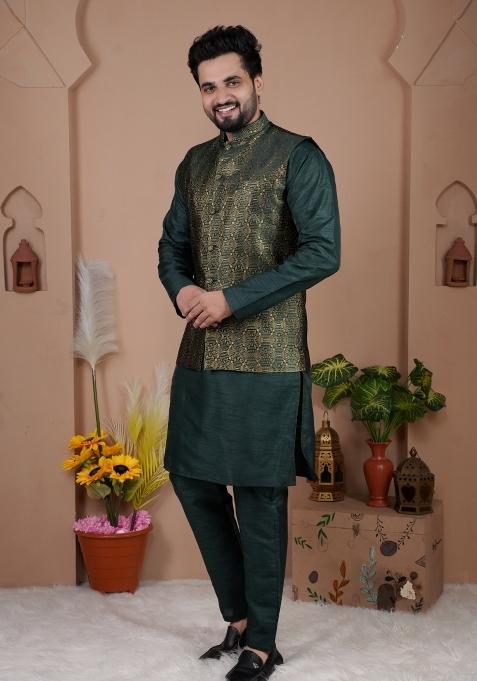 Green Jacquard Silk Waistcoat For Men