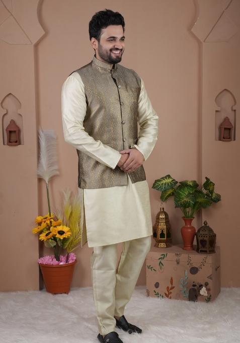 Grey Jacquard Silk Waistcoat For Men