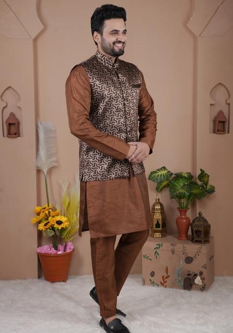 Brown Jacquard Silk Waistcoat For Men