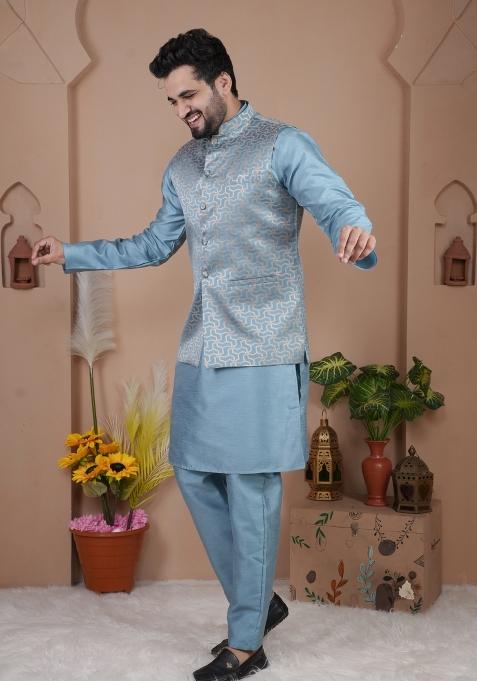 Dark Sky Blue Jacquard Silk Waistcoat For Men