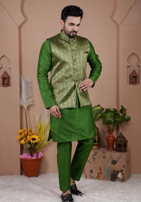 Green Jacquard Silk Waistcoat For Men