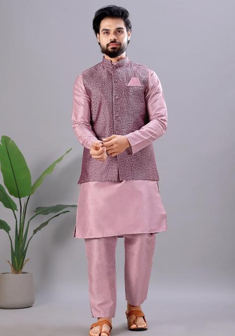 Pink Jacquard Silk Waistcoat For Men