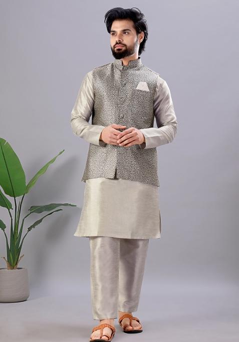 Grey Jacquard Silk Waistcoat For Men