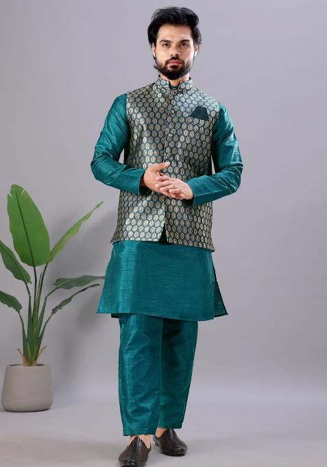 Patrol Blue Jacquard Silk Waistcoat For Men