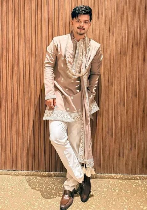 Peach Embroidered Silk Kurta With Dupatta For Men