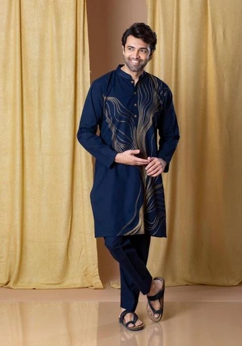 Navy Blue Embroidered Gaji Kurta Set For Men