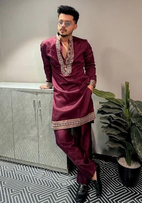 Maroon Embroidered Gaji Kurta Set For Men