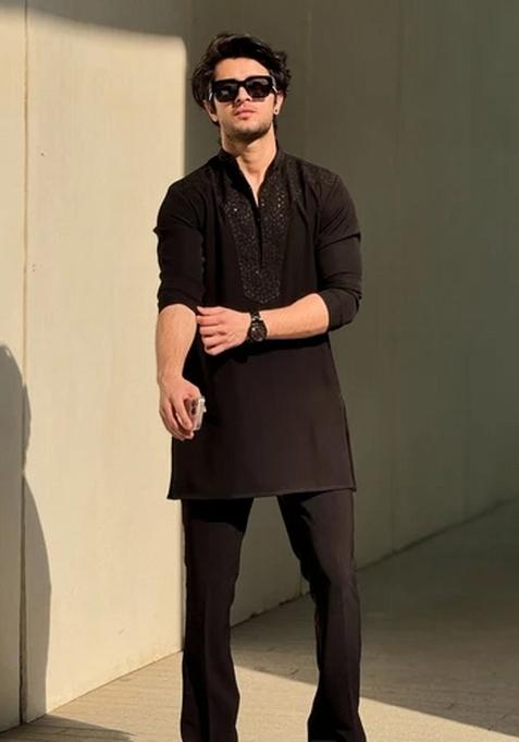 Black Embroidered Rayon Kurta Set For Men