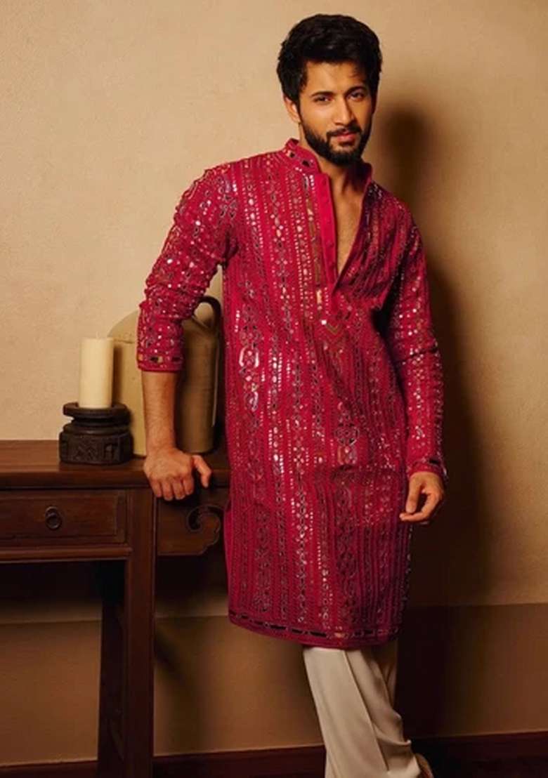Pink Embroidered Rayon Kurta For Men - Indya