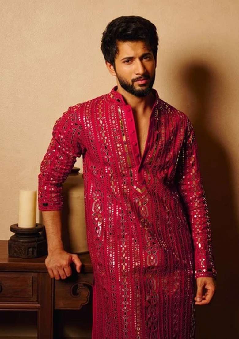 Pink Embroidered Rayon Kurta For Men - Indya