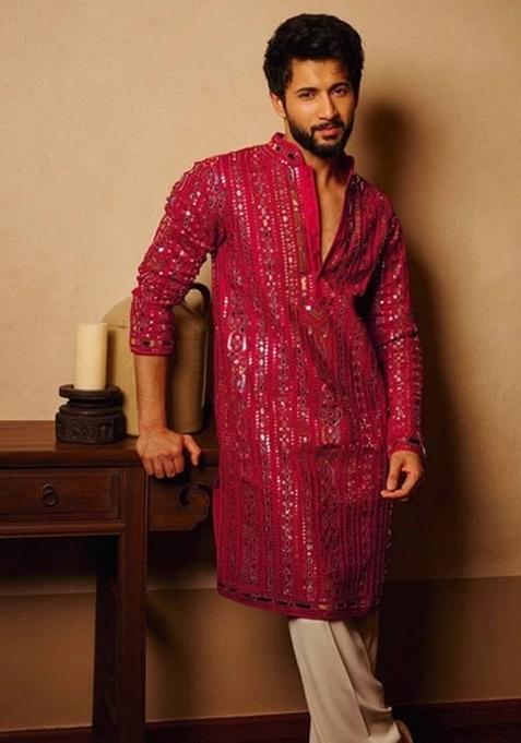 Pink Embroidered Rayon Kurta For Men