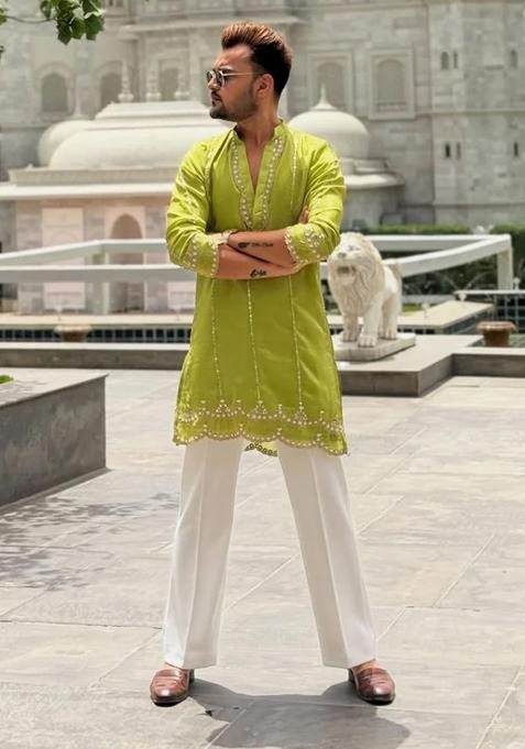 Olive Yellow Embroidered Rayon Kurta For Men