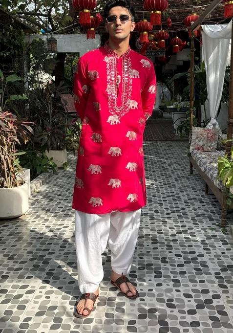 Pink Embroidered Rayon Kurta For Men