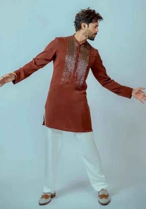 Maroon Embroidered Roman Kurta For Men