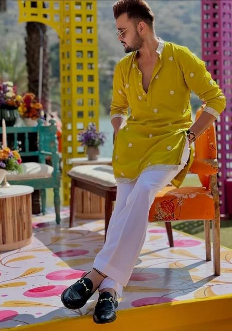 Yellow Embroidered Rayon Kurta For Men